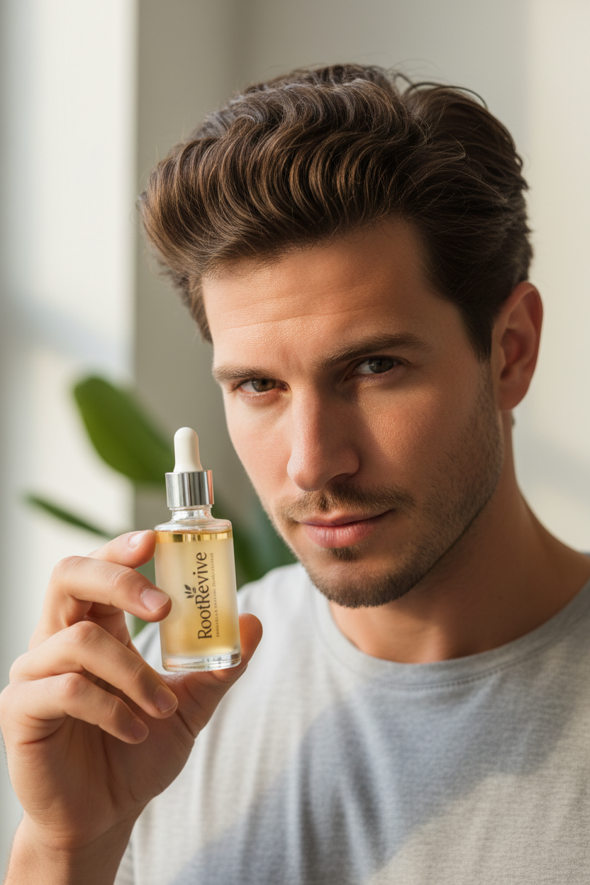 Man Holding RootRevive Glass Dropper Serum